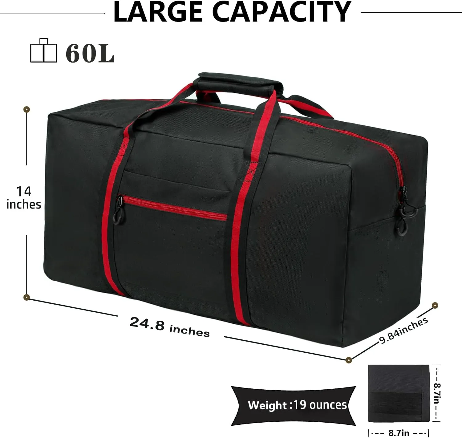 24.8  Travel Bag, Duffle Bag for Men Women, Large 60L Weekender Overnight Bag with Trolley Sleeve and Wet Pocket