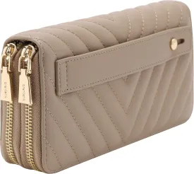 B BRENTANO Vegan Leather Double Zipper Pocket Wallet with Grip Hand Strap (Chevron Embroidered Taupe)