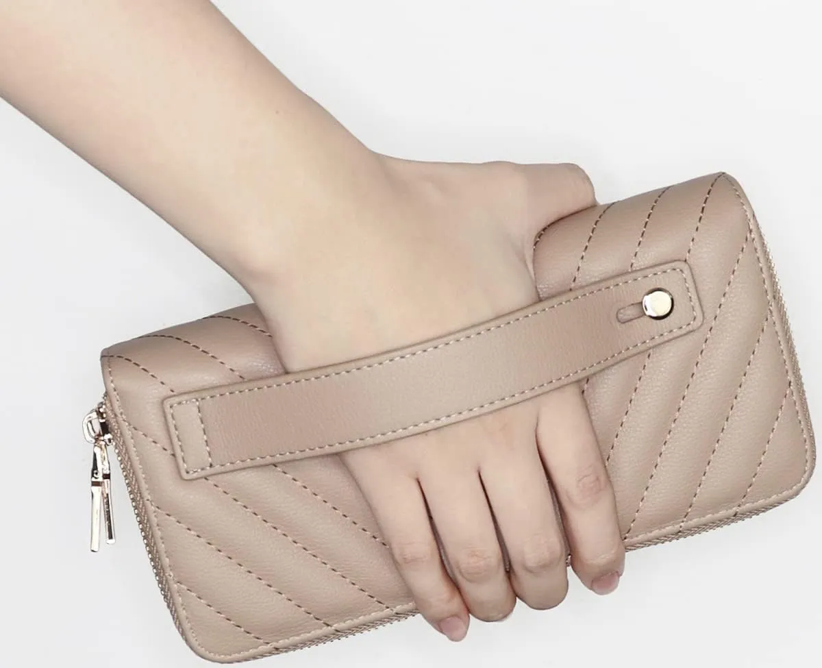 B BRENTANO Vegan Leather Double Zipper Pocket Wallet with Grip Hand Strap (Chevron Embroidered Taupe)