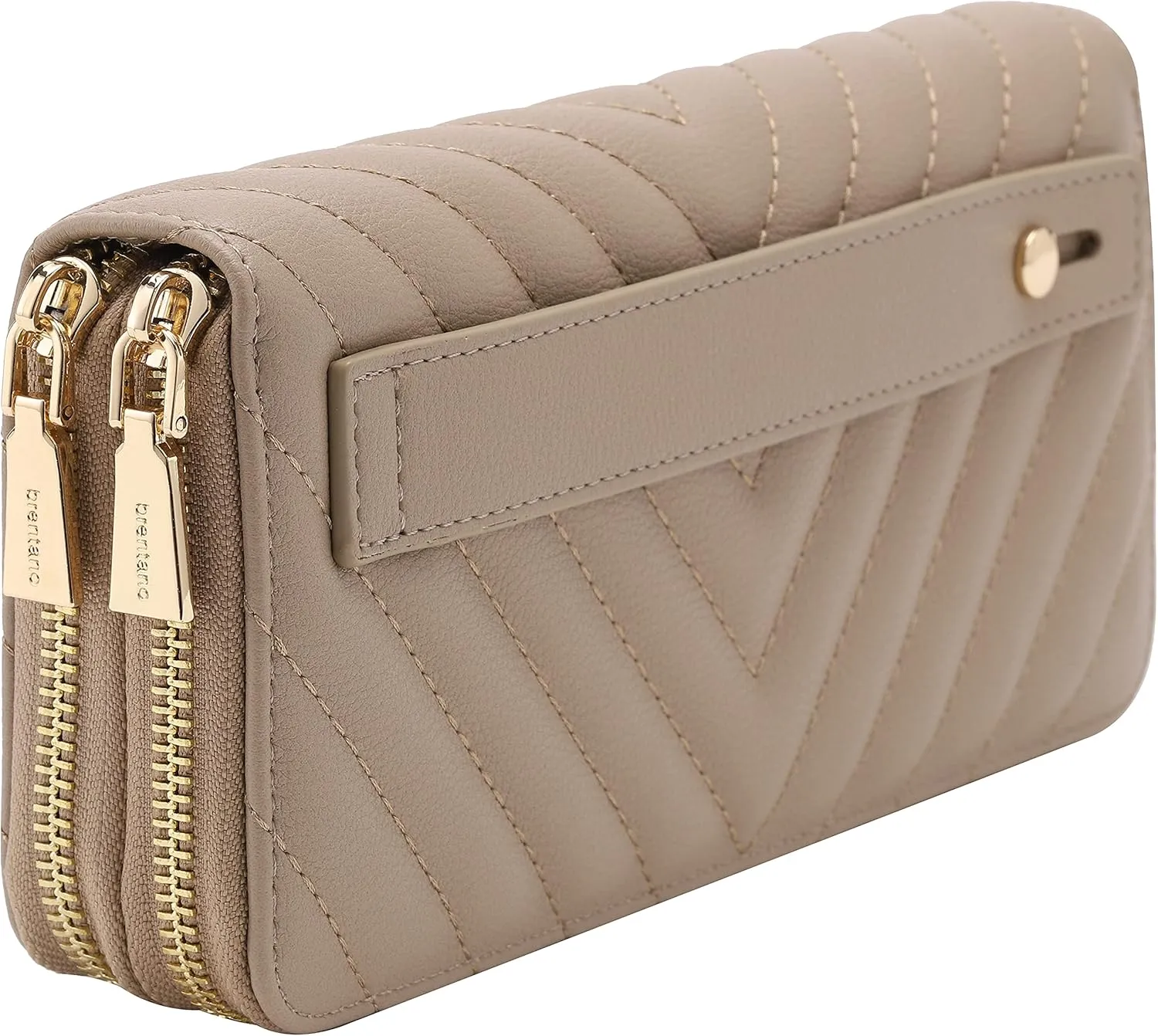 B BRENTANO Vegan Leather Double Zipper Pocket Wallet with Grip Hand Strap (Chevron Embroidered Taupe)