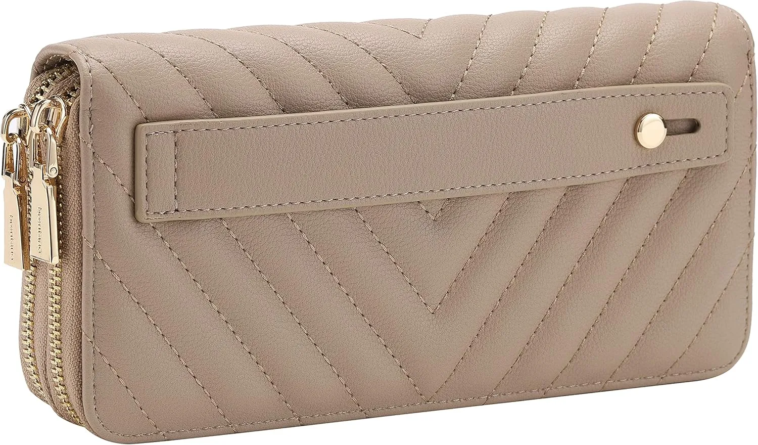 B BRENTANO Vegan Leather Double Zipper Pocket Wallet with Grip Hand Strap (Chevron Embroidered Taupe)