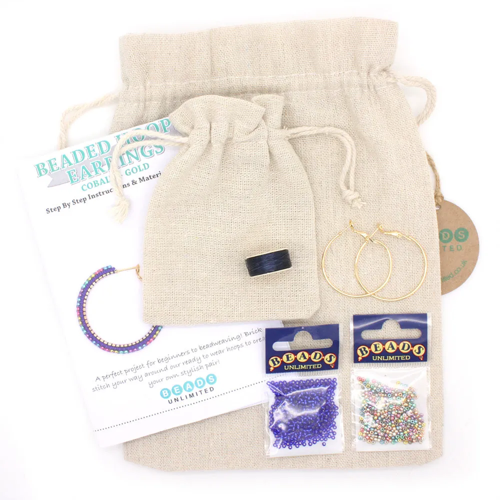 Beaded Hoops Earrings Kit Cobalt and Gold