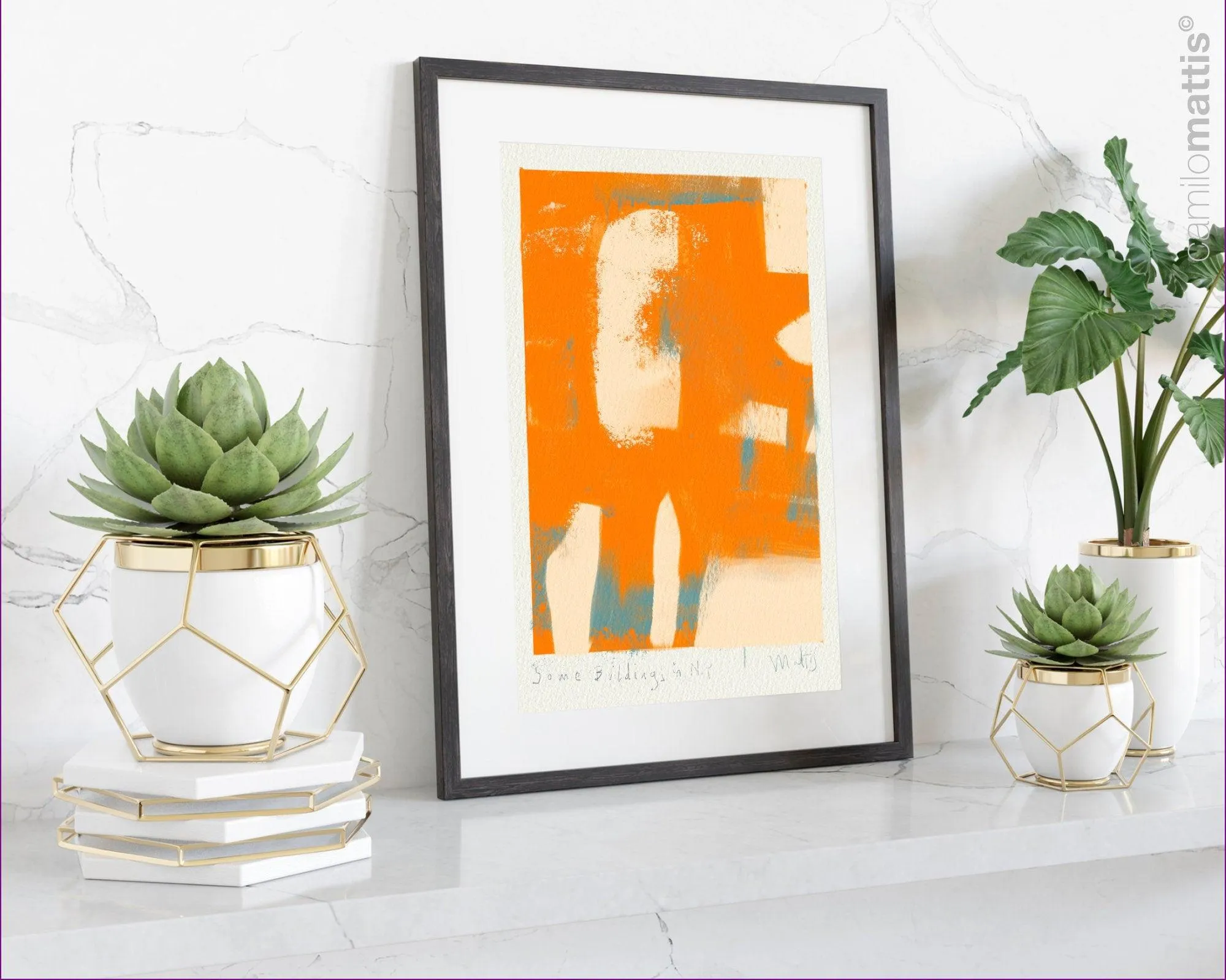 Bright orange abstract poster print art, Modern contemporary home apartment decor by Camilo Mattis