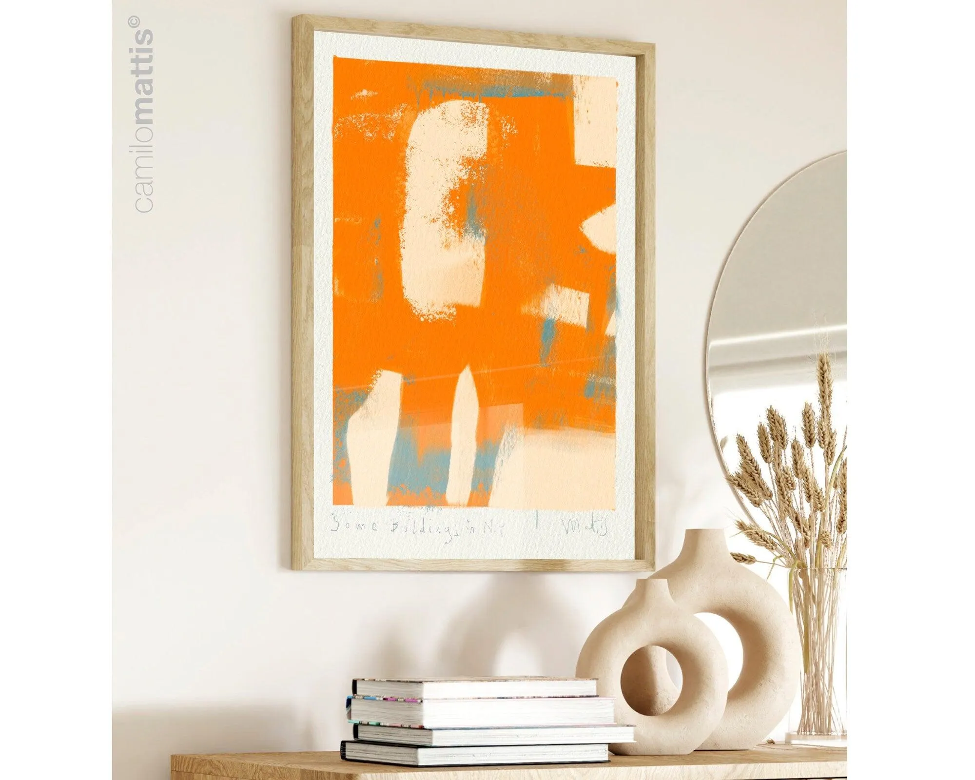 Bright orange abstract poster print art, Modern contemporary home apartment decor by Camilo Mattis