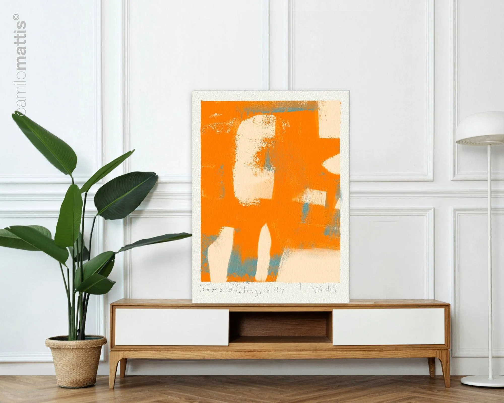Bright orange abstract poster print art, Modern contemporary home apartment decor by Camilo Mattis