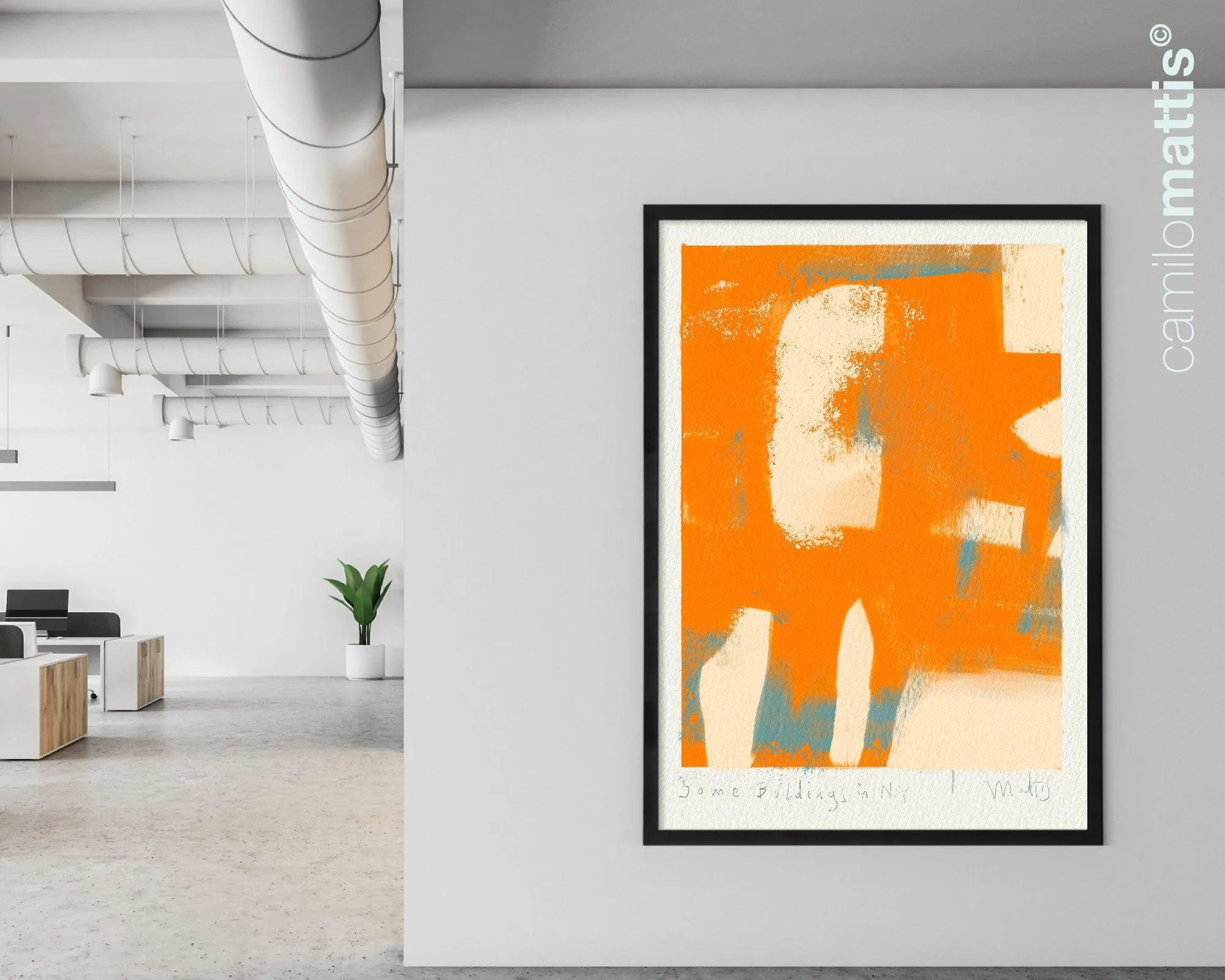 Bright orange abstract poster print art, Modern contemporary home apartment decor by Camilo Mattis