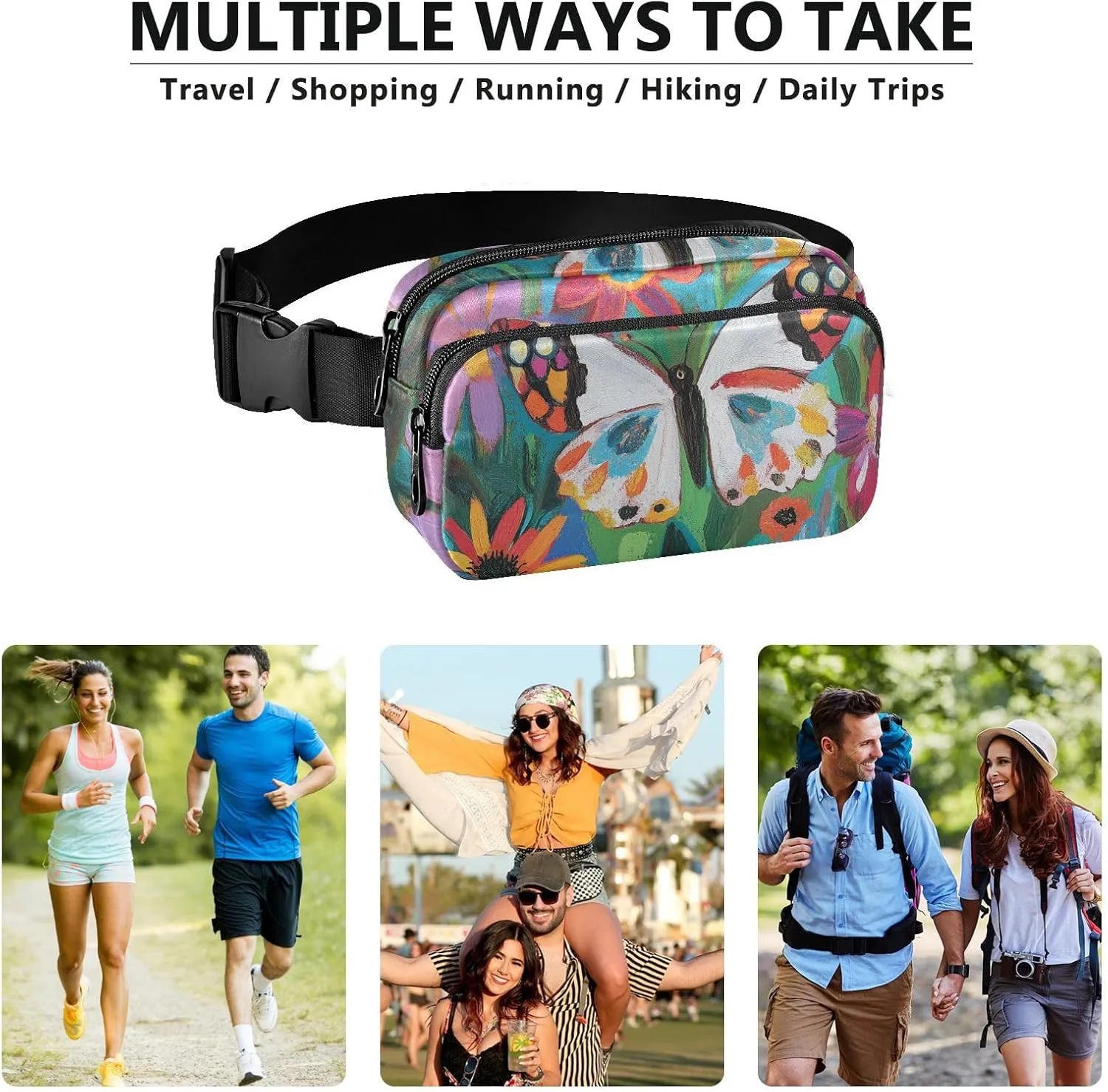 Butterfly Colorful Flowers Fashionable Fanny Waist Pack for Women Men Teens Small Bum Belt Bag with Adjustable Strap for Travel Running Hiking