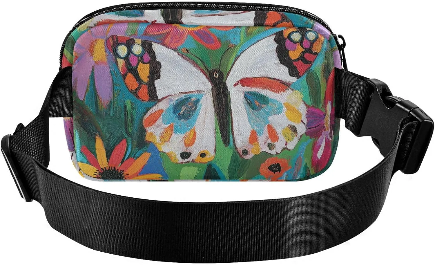 Butterfly Colorful Flowers Fashionable Fanny Waist Pack for Women Men Teens Small Bum Belt Bag with Adjustable Strap for Travel Running Hiking