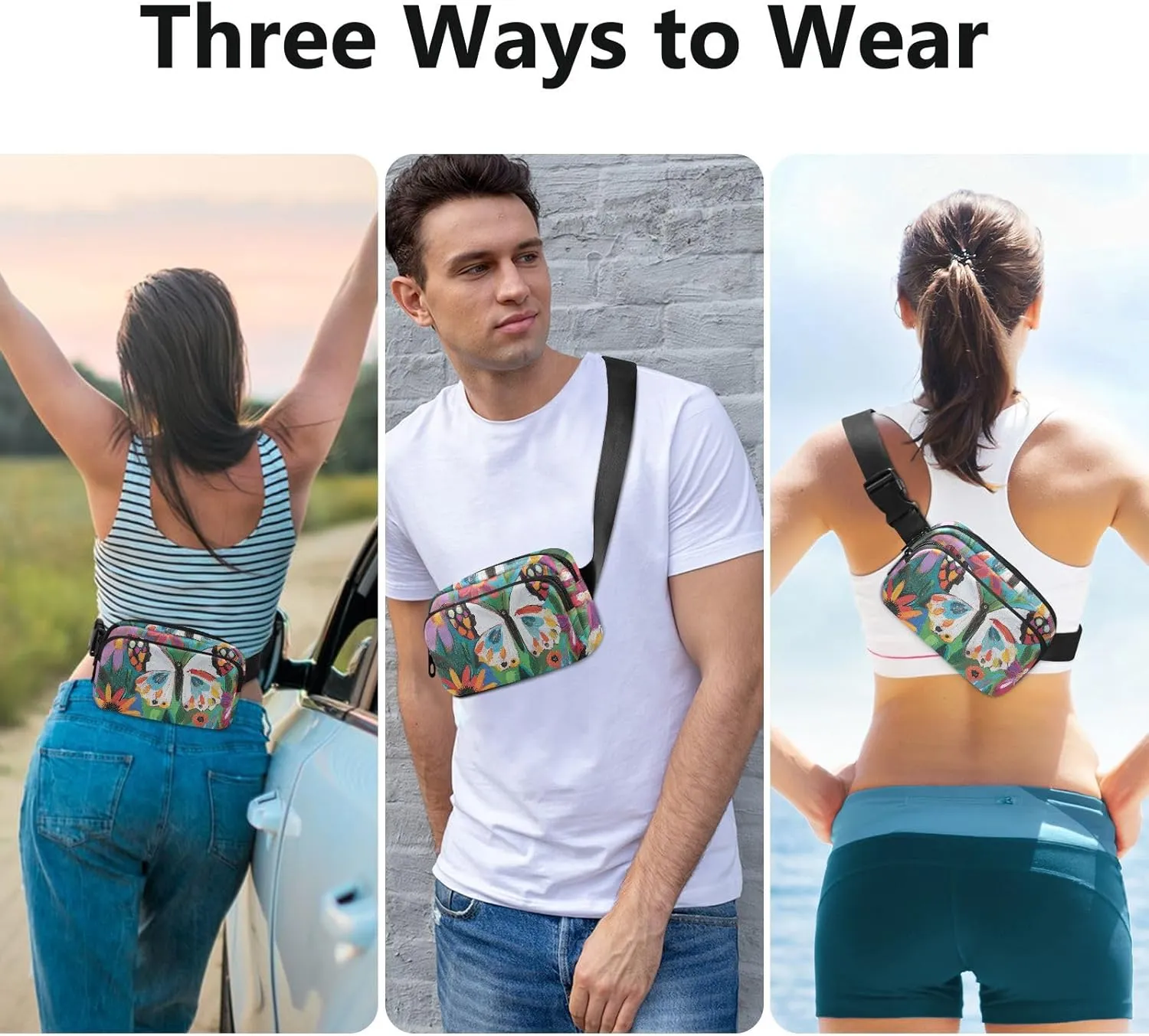 Butterfly Colorful Flowers Fashionable Fanny Waist Pack for Women Men Teens Small Bum Belt Bag with Adjustable Strap for Travel Running Hiking