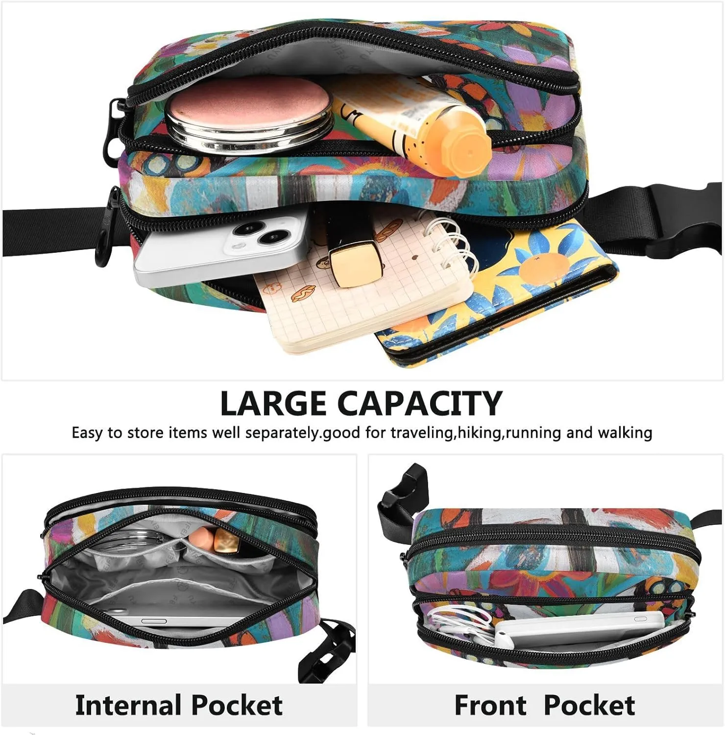 Butterfly Colorful Flowers Fashionable Fanny Waist Pack for Women Men Teens Small Bum Belt Bag with Adjustable Strap for Travel Running Hiking