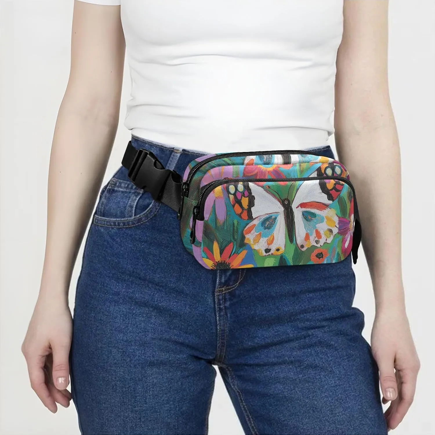 Butterfly Colorful Flowers Fashionable Fanny Waist Pack for Women Men Teens Small Bum Belt Bag with Adjustable Strap for Travel Running Hiking