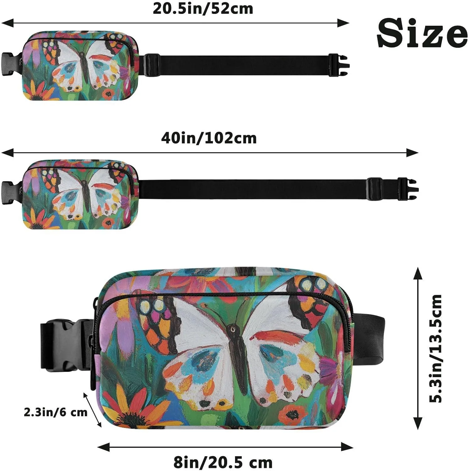 Butterfly Colorful Flowers Fashionable Fanny Waist Pack for Women Men Teens Small Bum Belt Bag with Adjustable Strap for Travel Running Hiking