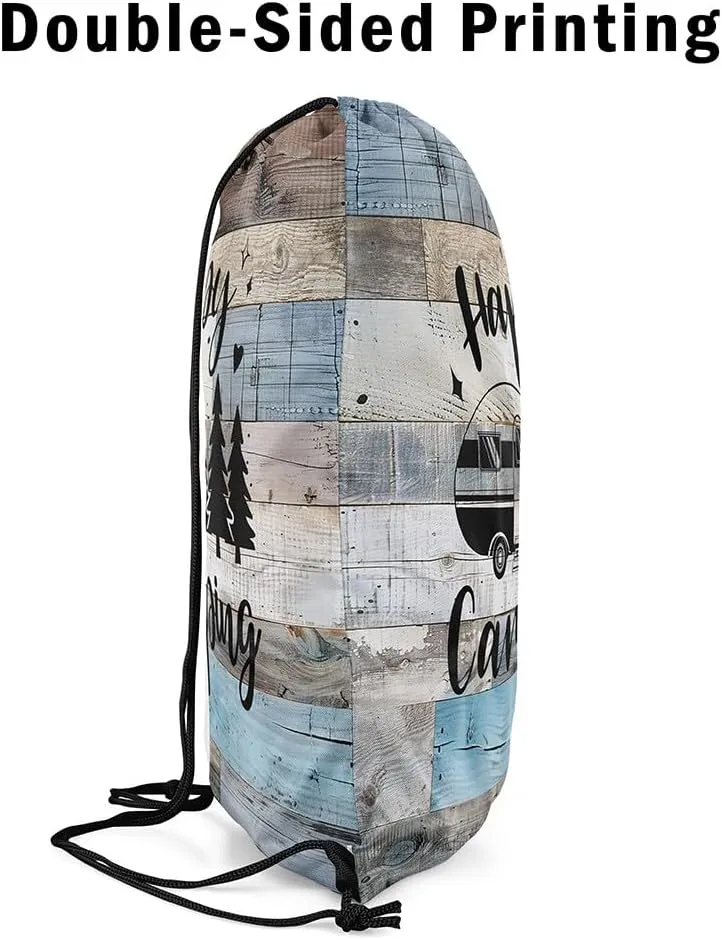 Camping Truck Drawstring Gym Bag,RV Camper Foldable Waterproof Drawstring Backpack,Farmhouse Style Wooden Stripes Draw String Back Bag for Shopping,Swimming,Beach,Gray Blue