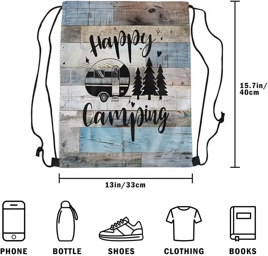 Camping Truck Drawstring Gym Bag,RV Camper Foldable Waterproof Drawstring Backpack,Farmhouse Style Wooden Stripes Draw String Back Bag for Shopping,Swimming,Beach,Gray Blue