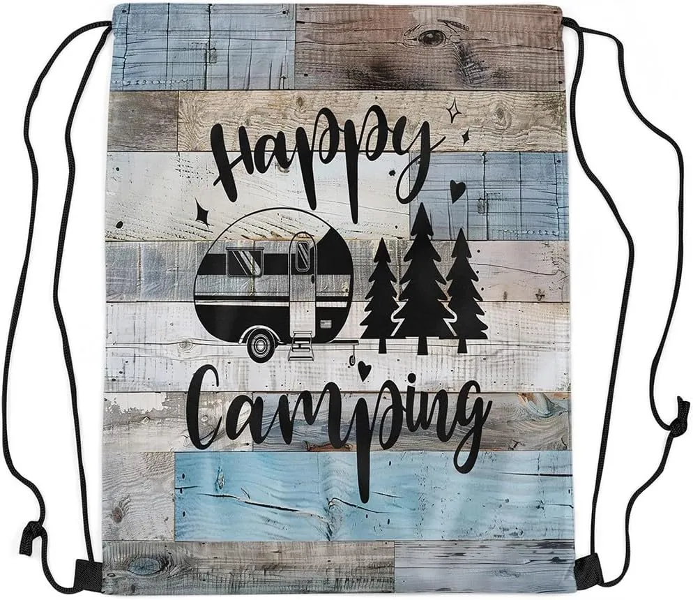 Camping Truck Drawstring Gym Bag,RV Camper Foldable Waterproof Drawstring Backpack,Farmhouse Style Wooden Stripes Draw String Back Bag for Shopping,Swimming,Beach,Gray Blue