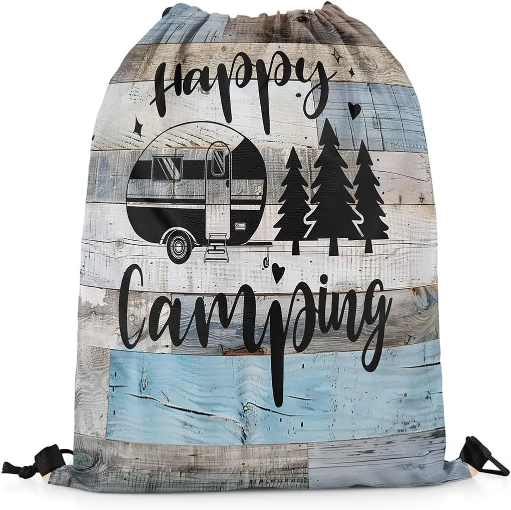 Camping Truck Drawstring Gym Bag,RV Camper Foldable Waterproof Drawstring Backpack,Farmhouse Style Wooden Stripes Draw String Back Bag for Shopping,Swimming,Beach,Gray Blue