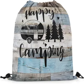 Camping Truck Drawstring Gym Bag,RV Camper Foldable Waterproof Drawstring Backpack,Farmhouse Style Wooden Stripes Draw String Back Bag for Shopping,Swimming,Beach,Gray Blue