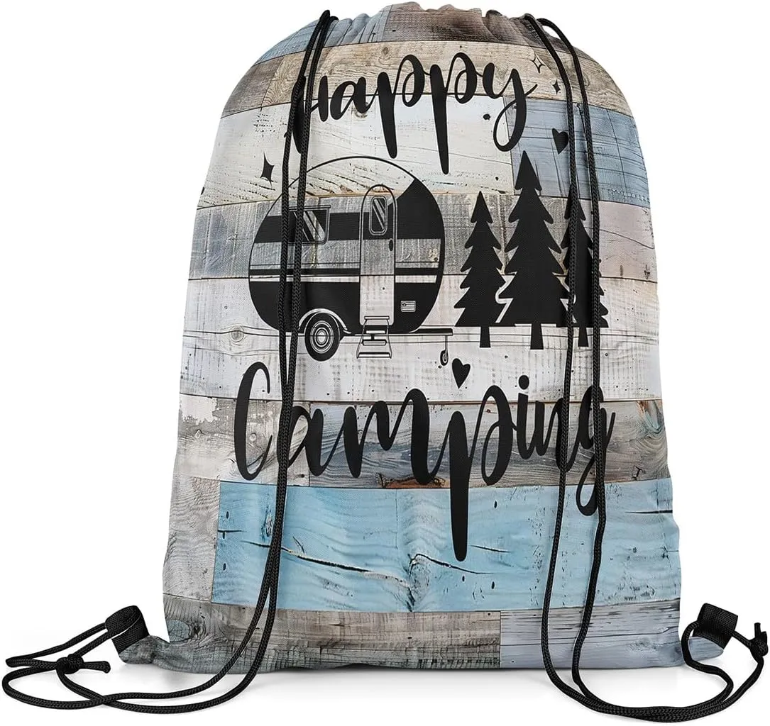 Camping Truck Drawstring Gym Bag,RV Camper Foldable Waterproof Drawstring Backpack,Farmhouse Style Wooden Stripes Draw String Back Bag for Shopping,Swimming,Beach,Gray Blue