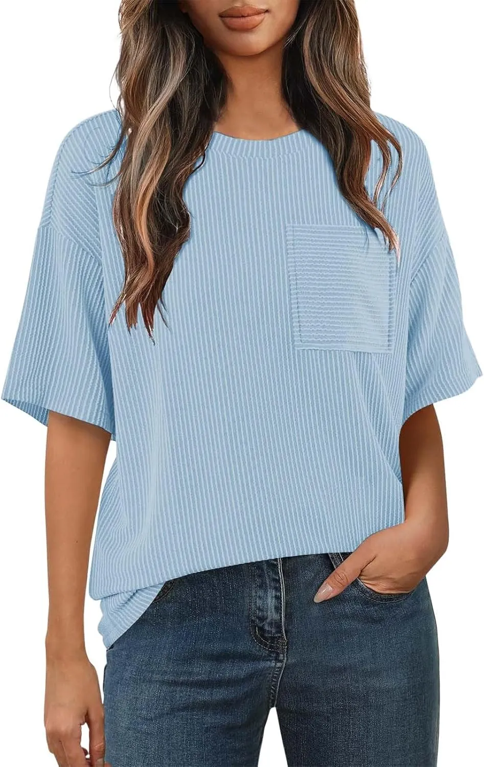 Casual Contrasting Striped Short Sleeved Pocket Round Neck T Shirt Fit Loose Comfortable Flowy Soft Tops