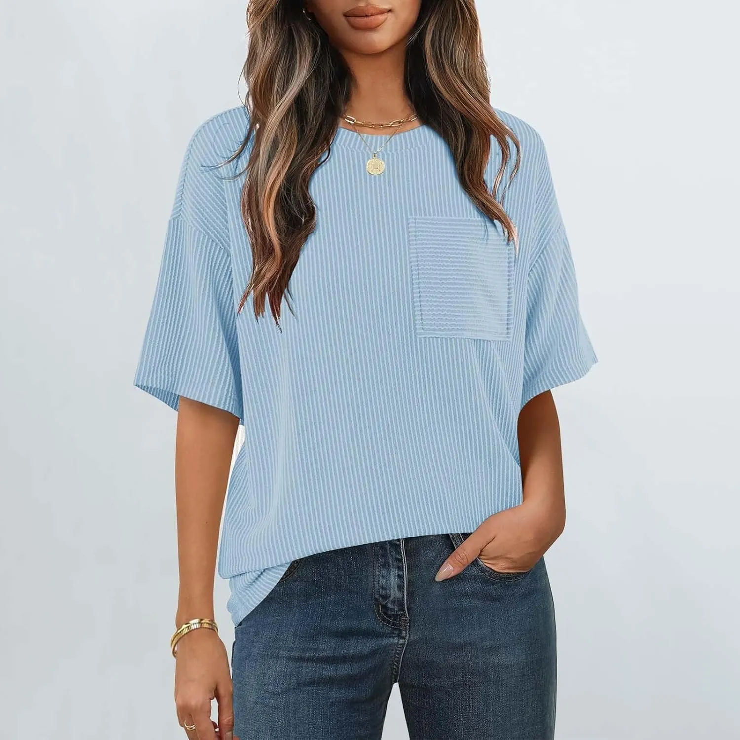 Casual Contrasting Striped Short Sleeved Pocket Round Neck T Shirt Fit Loose Comfortable Flowy Soft Tops