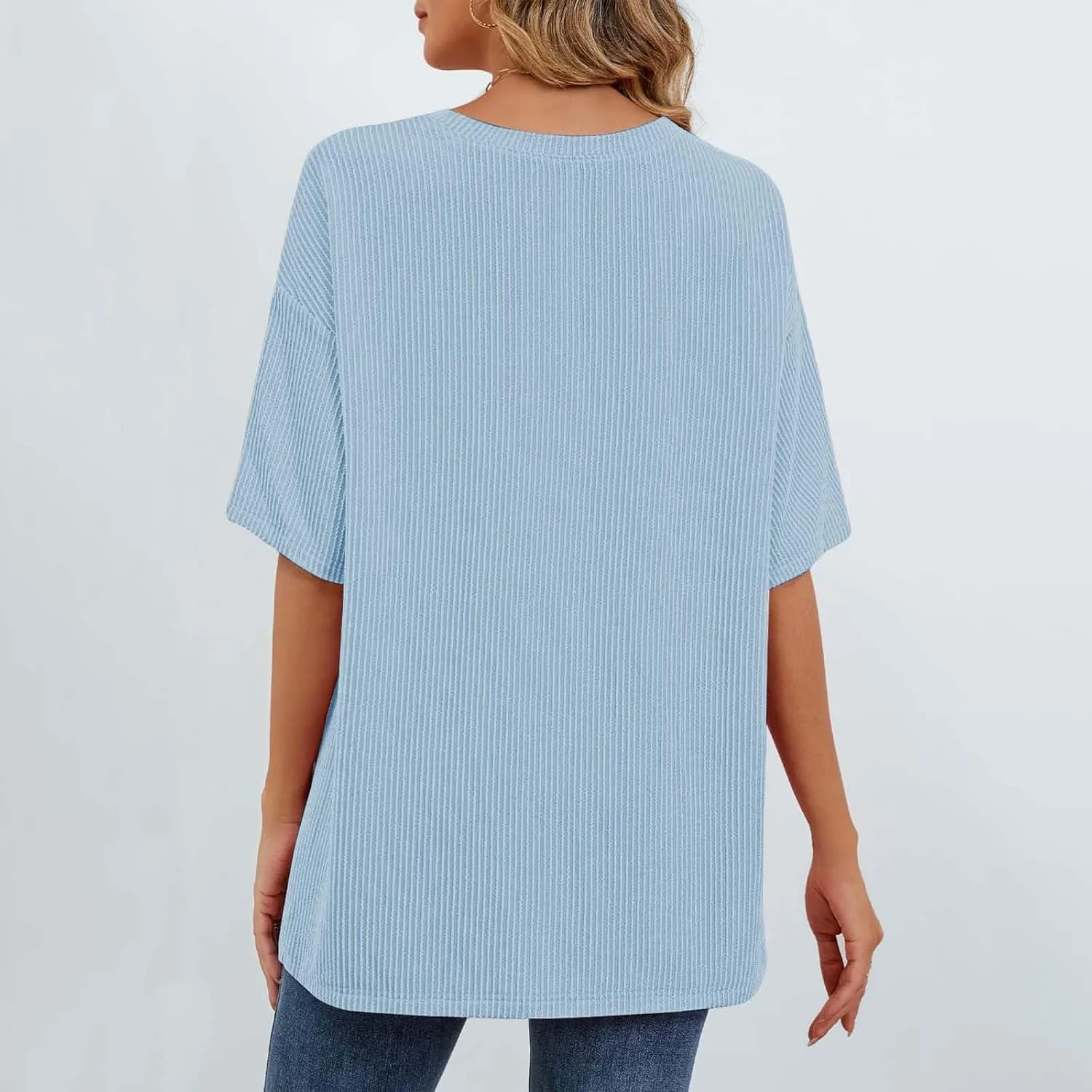 Casual Contrasting Striped Short Sleeved Pocket Round Neck T Shirt Fit Loose Comfortable Flowy Soft Tops