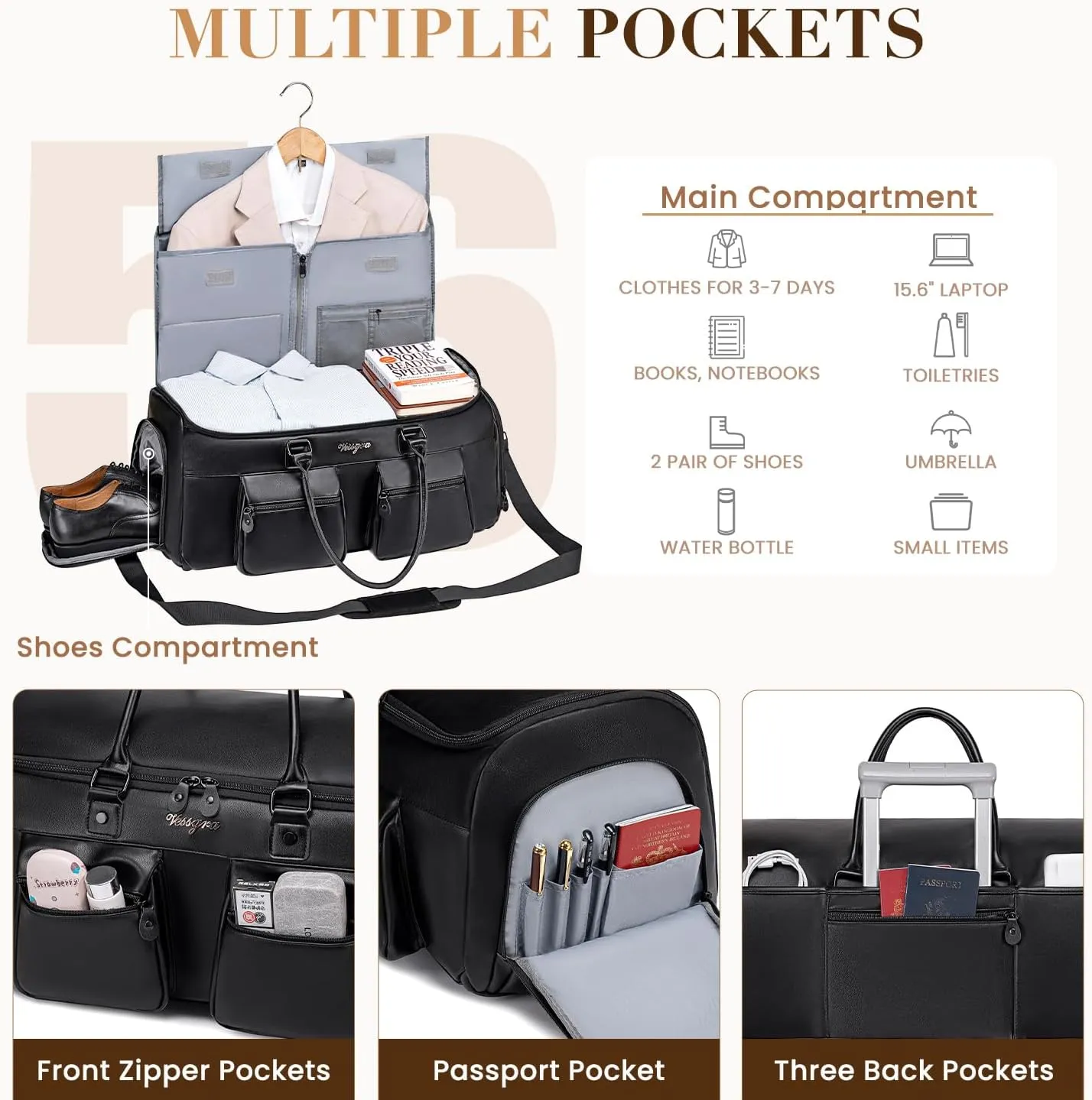 Convertible Garment Bag for Travel, Garment Duffle Bag for Men Women, PU Leather Travel Garment Bag Carry On, 2 in 1 Suit Travel Bags for Hanging Clothes with Shoe Compartment-Black