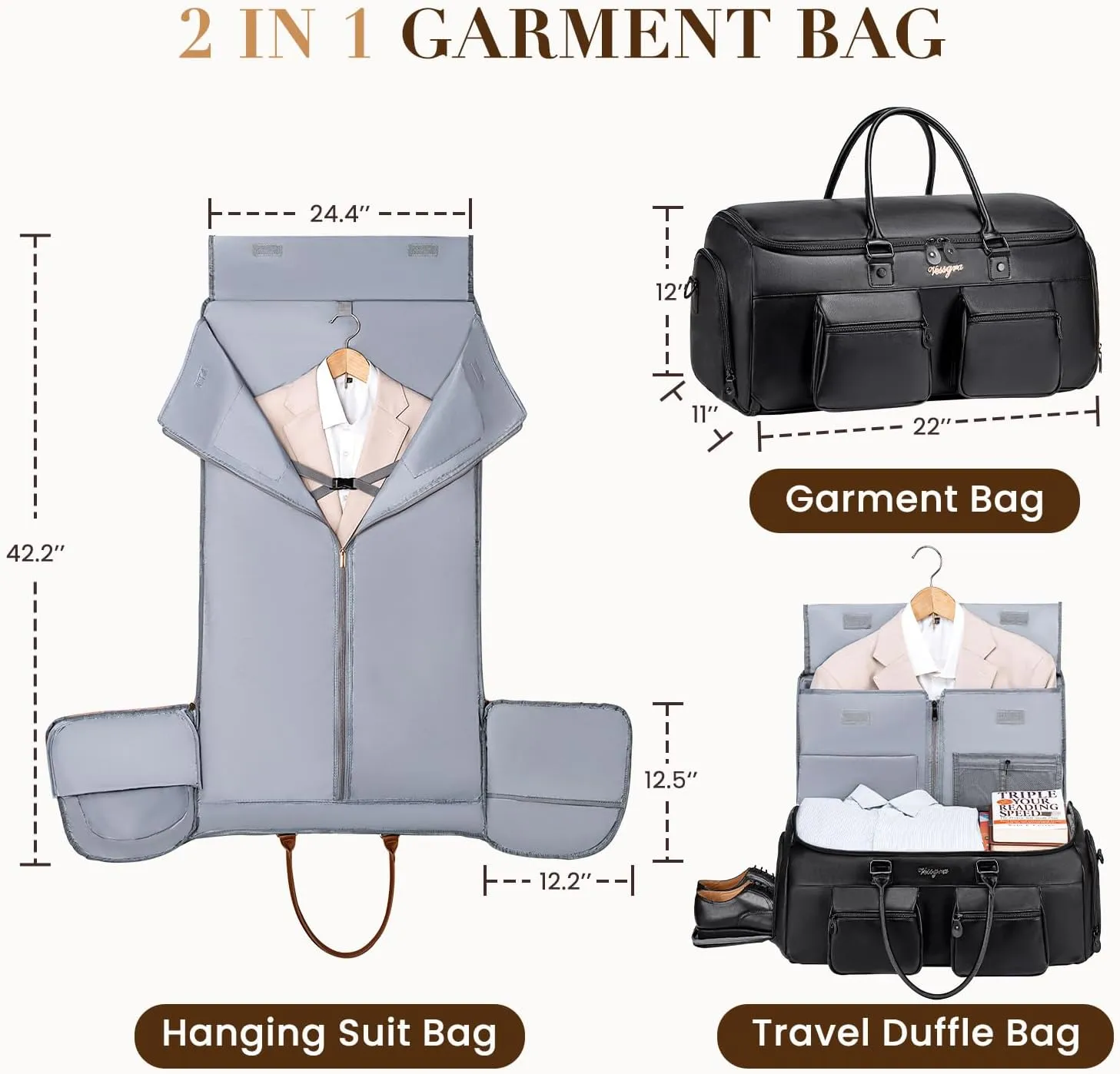 Convertible Garment Bag for Travel, Garment Duffle Bag for Men Women, PU Leather Travel Garment Bag Carry On, 2 in 1 Suit Travel Bags for Hanging Clothes with Shoe Compartment-Black