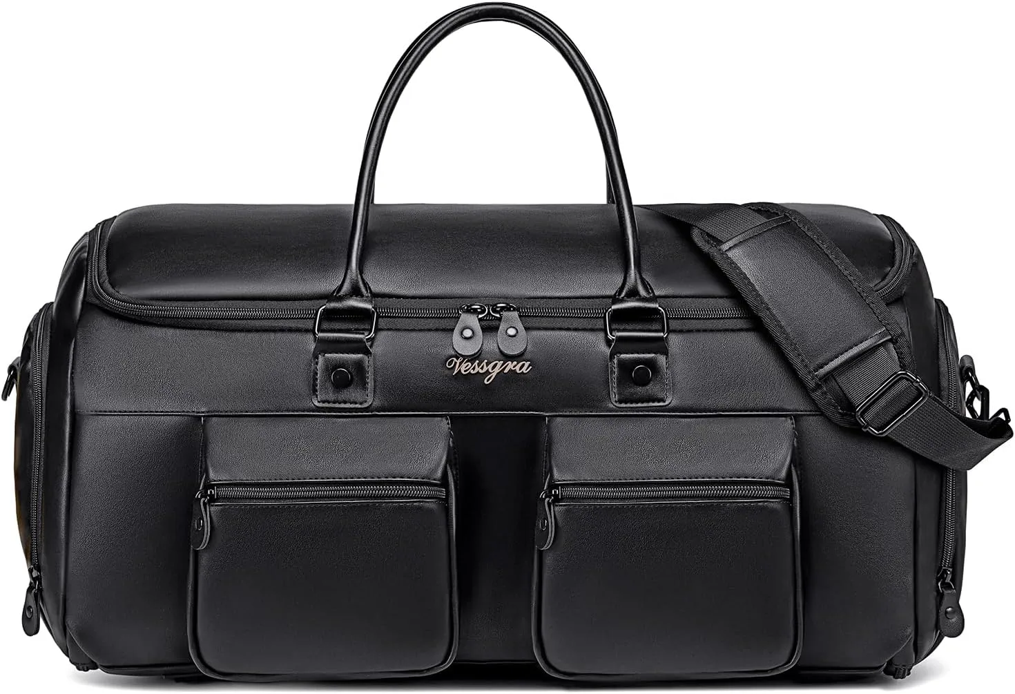 Convertible Garment Bag for Travel, Garment Duffle Bag for Men Women, PU Leather Travel Garment Bag Carry On, 2 in 1 Suit Travel Bags for Hanging Clothes with Shoe Compartment-Black