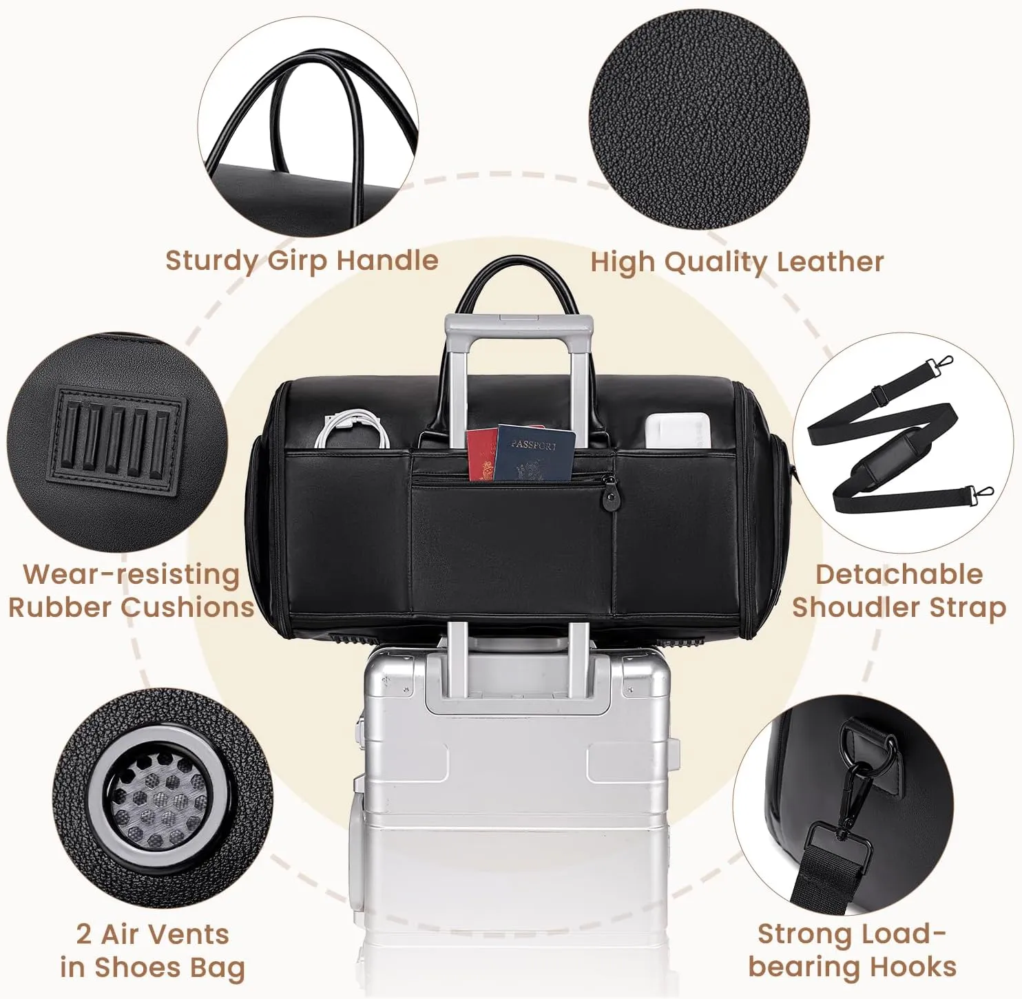 Convertible Garment Bag for Travel, Garment Duffle Bag for Men Women, PU Leather Travel Garment Bag Carry On, 2 in 1 Suit Travel Bags for Hanging Clothes with Shoe Compartment-Black