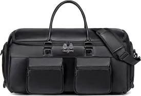 Convertible Garment Bag for Travel, Garment Duffle Bag for Men Women, PU Leather Travel Garment Bag Carry On, 2 in 1 Suit Travel Bags for Hanging Clothes with Shoe Compartment-Black