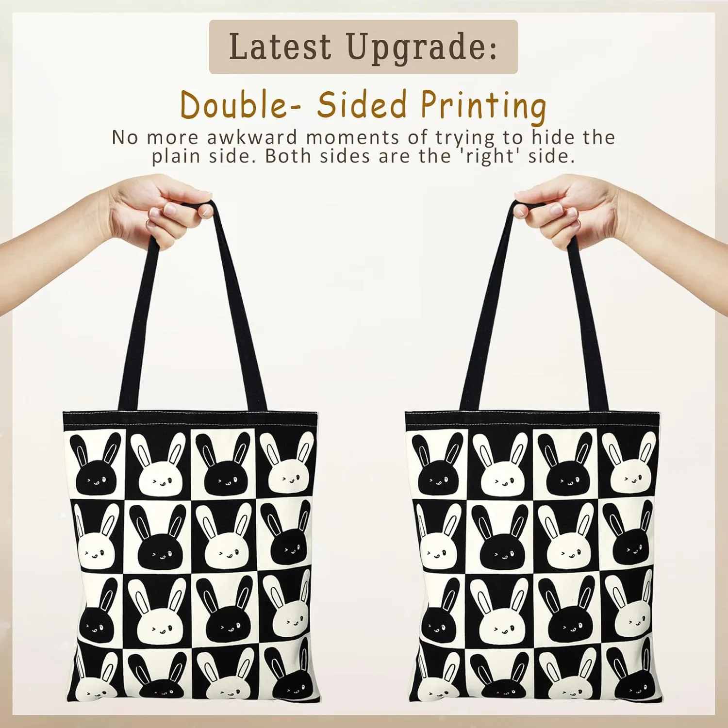 Cotton Canvas Reusable Grocery Bags Tote Bag with Inner Pocke, Black And White Pattern Printing for Shopping Gym And Travel