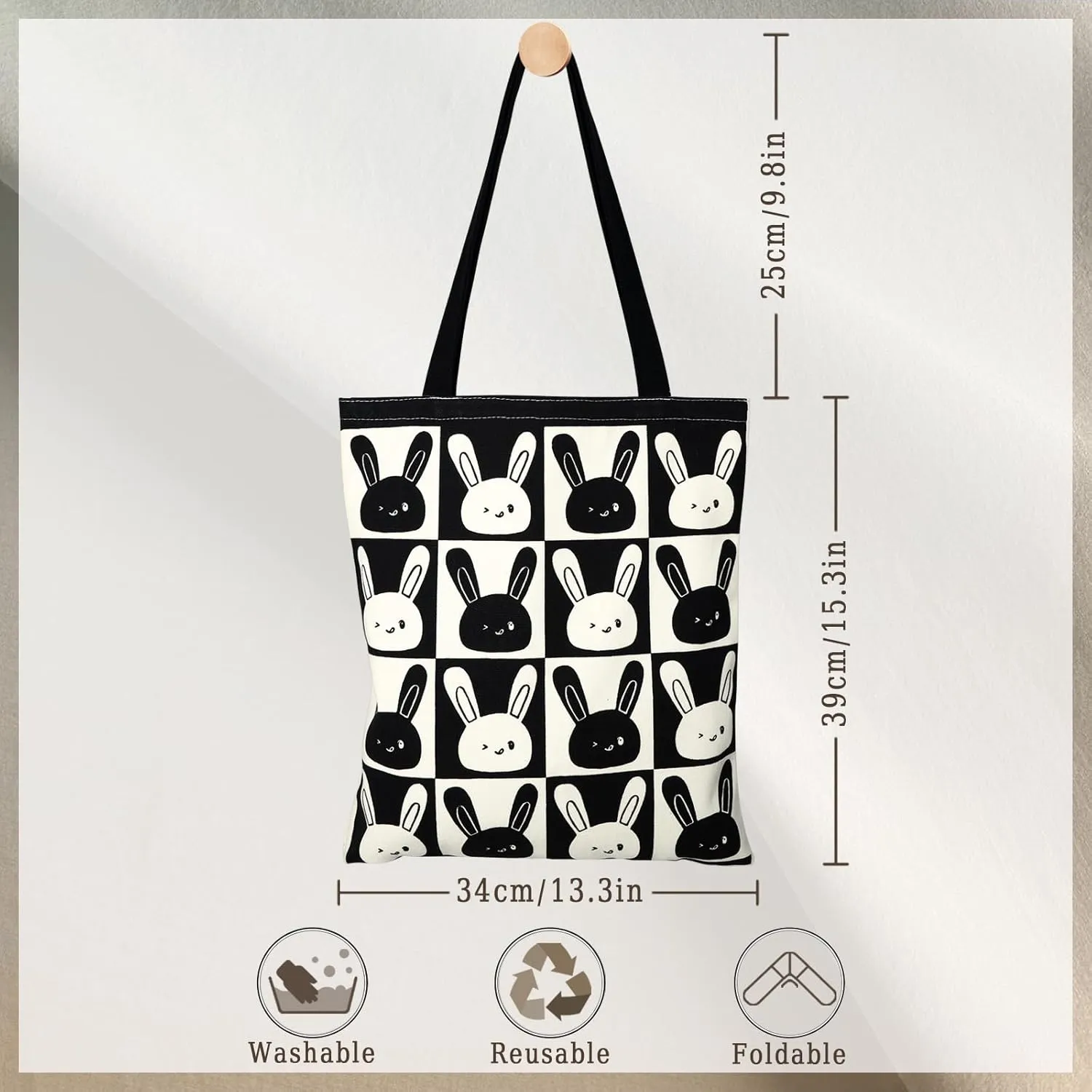 Cotton Canvas Reusable Grocery Bags Tote Bag with Inner Pocke, Black And White Pattern Printing for Shopping Gym And Travel