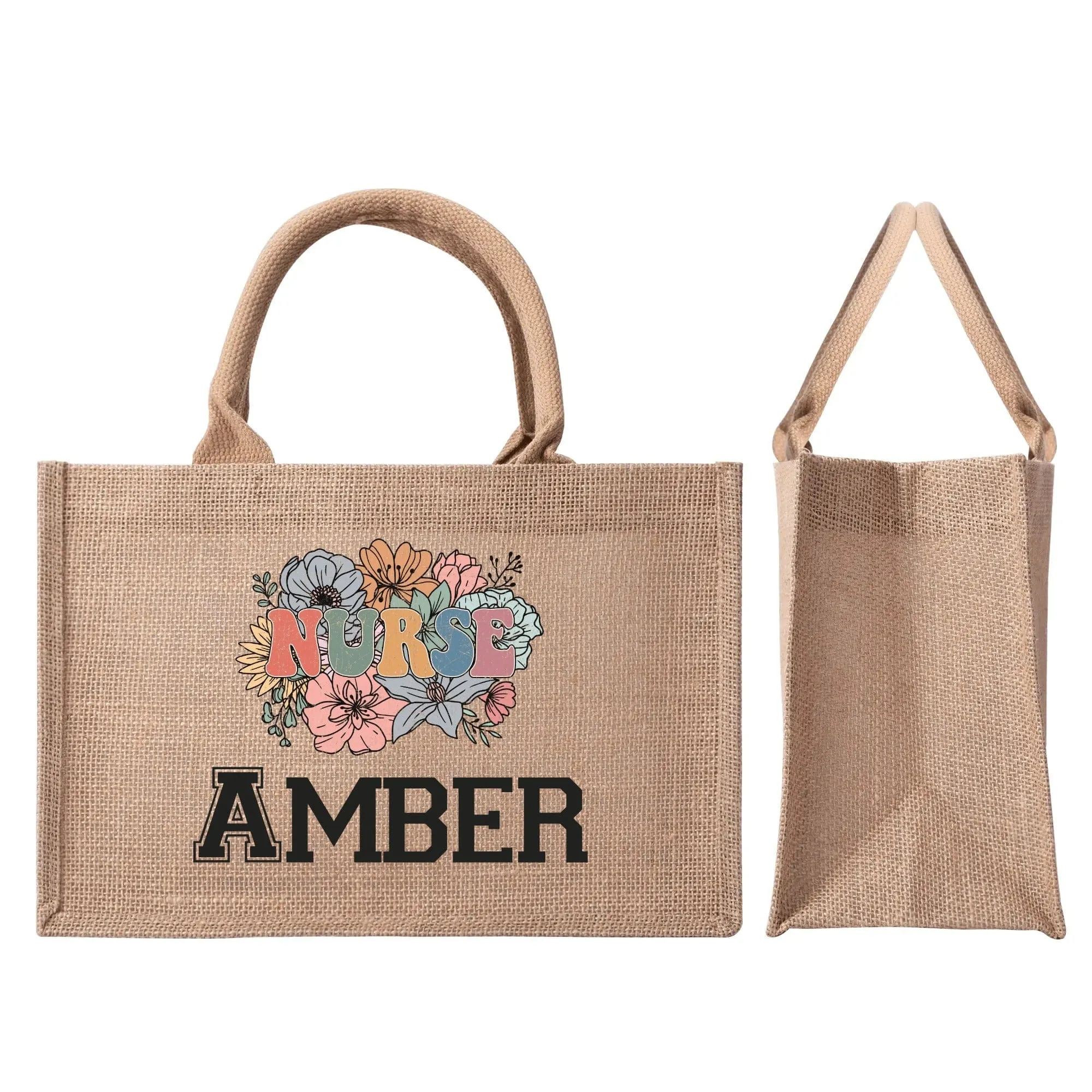 Custom Nurse Name Reusable Jute Burlap Tote Bag