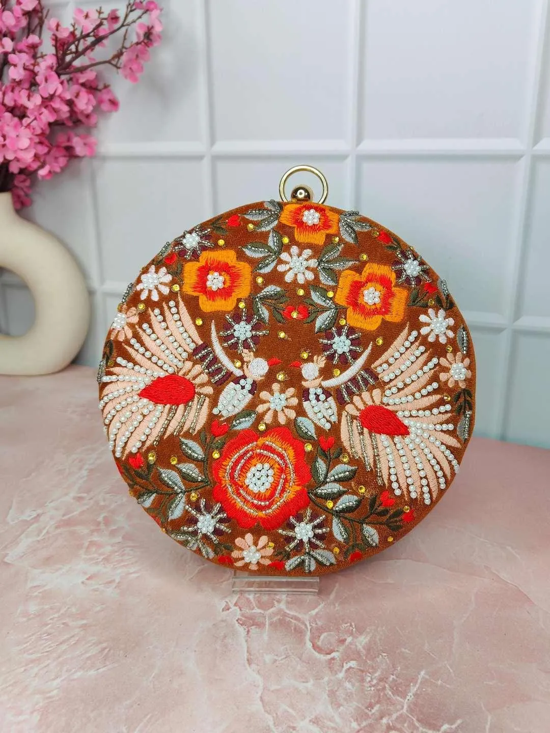 Designer Embroidered Round Clutch