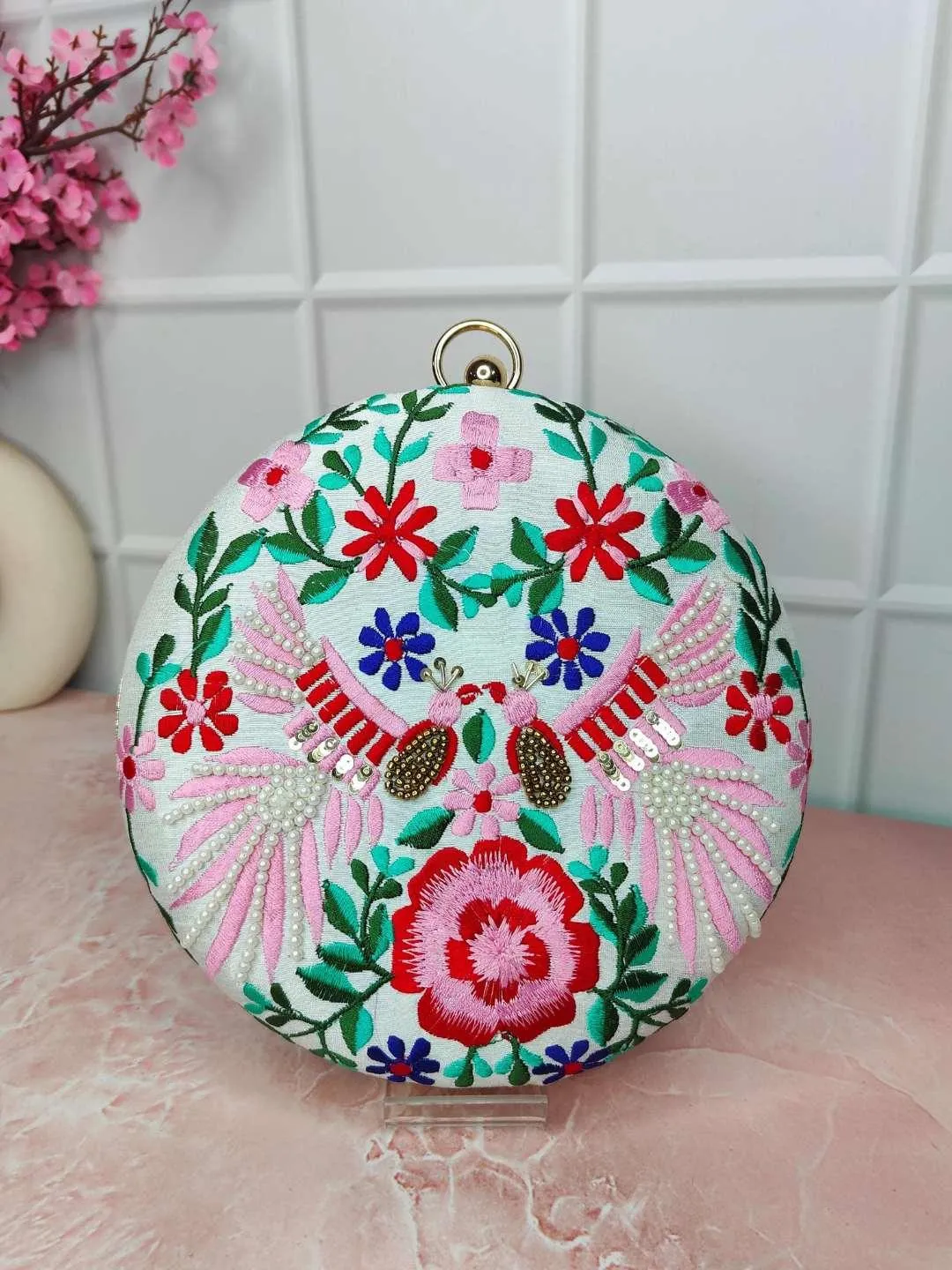 Designer Embroidered Round Clutch