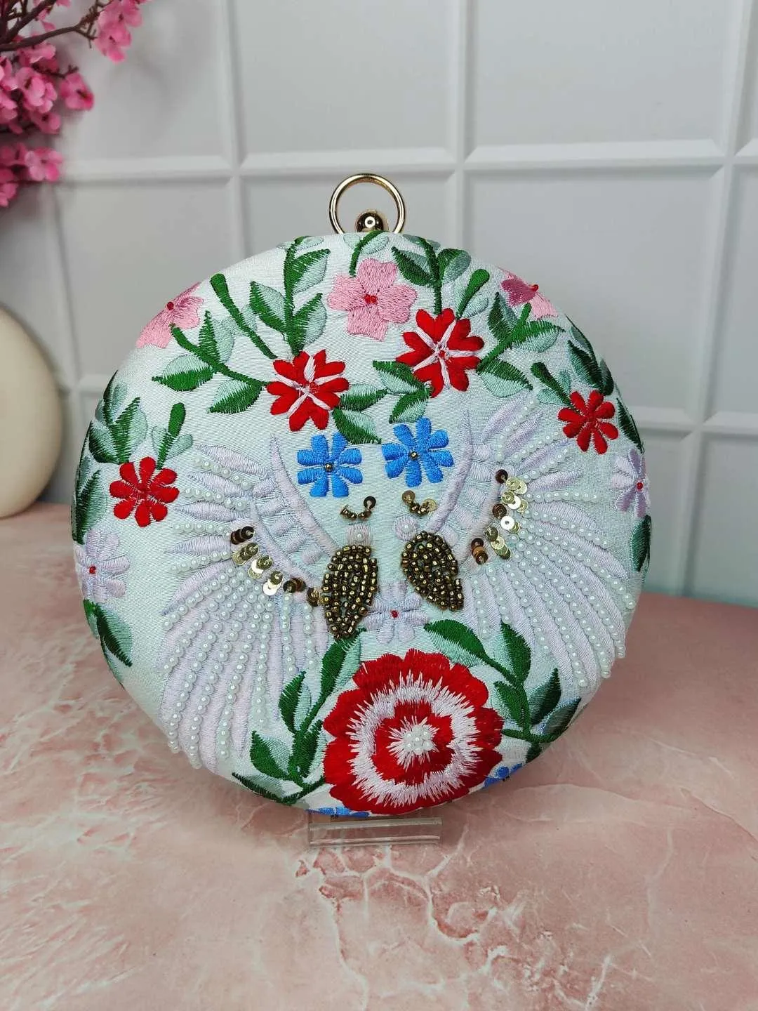 Designer Embroidered Round Clutch