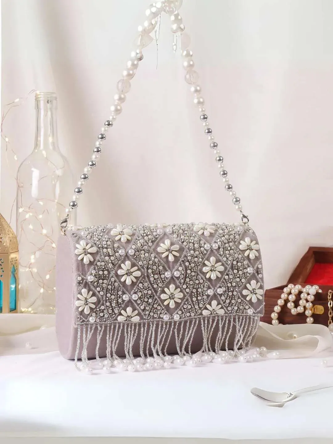 Designer Embroidered Tassel Flap Clutch