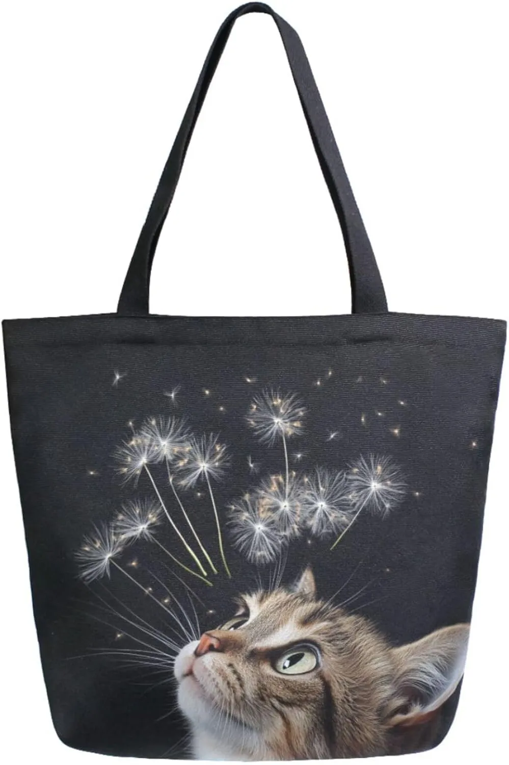Fashion Extra Large Shoulder Grocery Tote Bag, Curious Cat Flying Dandelion Black Canvas Durable Daily Weekender Handle Bag for Gym Picnic Yoga Beach Travel Kitchen Market Grocery Shopping