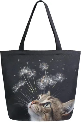 Fashion Extra Large Shoulder Grocery Tote Bag, Curious Cat Flying Dandelion Black Canvas Durable Daily Weekender Handle Bag for Gym Picnic Yoga Beach Travel Kitchen Market Grocery Shopping
