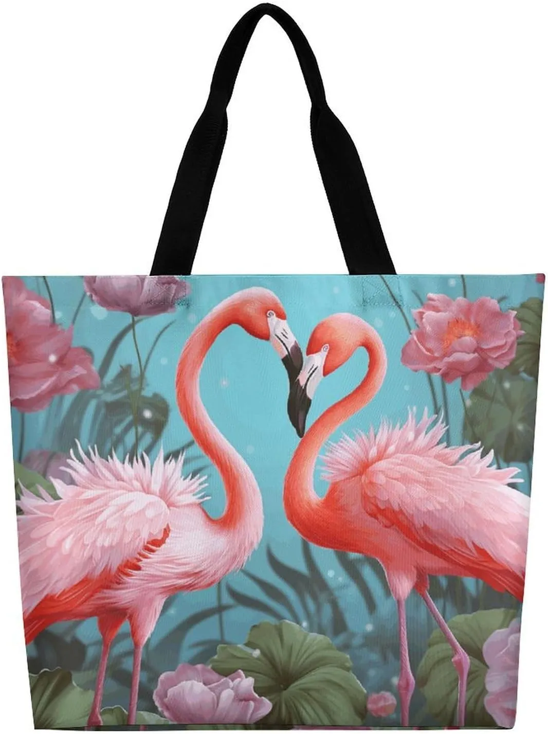 Flamingo Love Flowers Tote Bag for Women Reusable Grocery Shoulder Bag Shopping Bags for Travel, Groceries