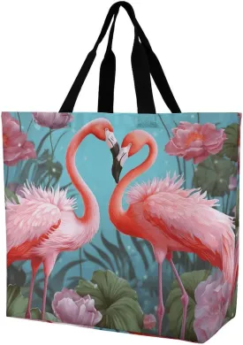 Flamingo Love Flowers Tote Bag for Women Reusable Grocery Shoulder Bag Shopping Bags for Travel, Groceries