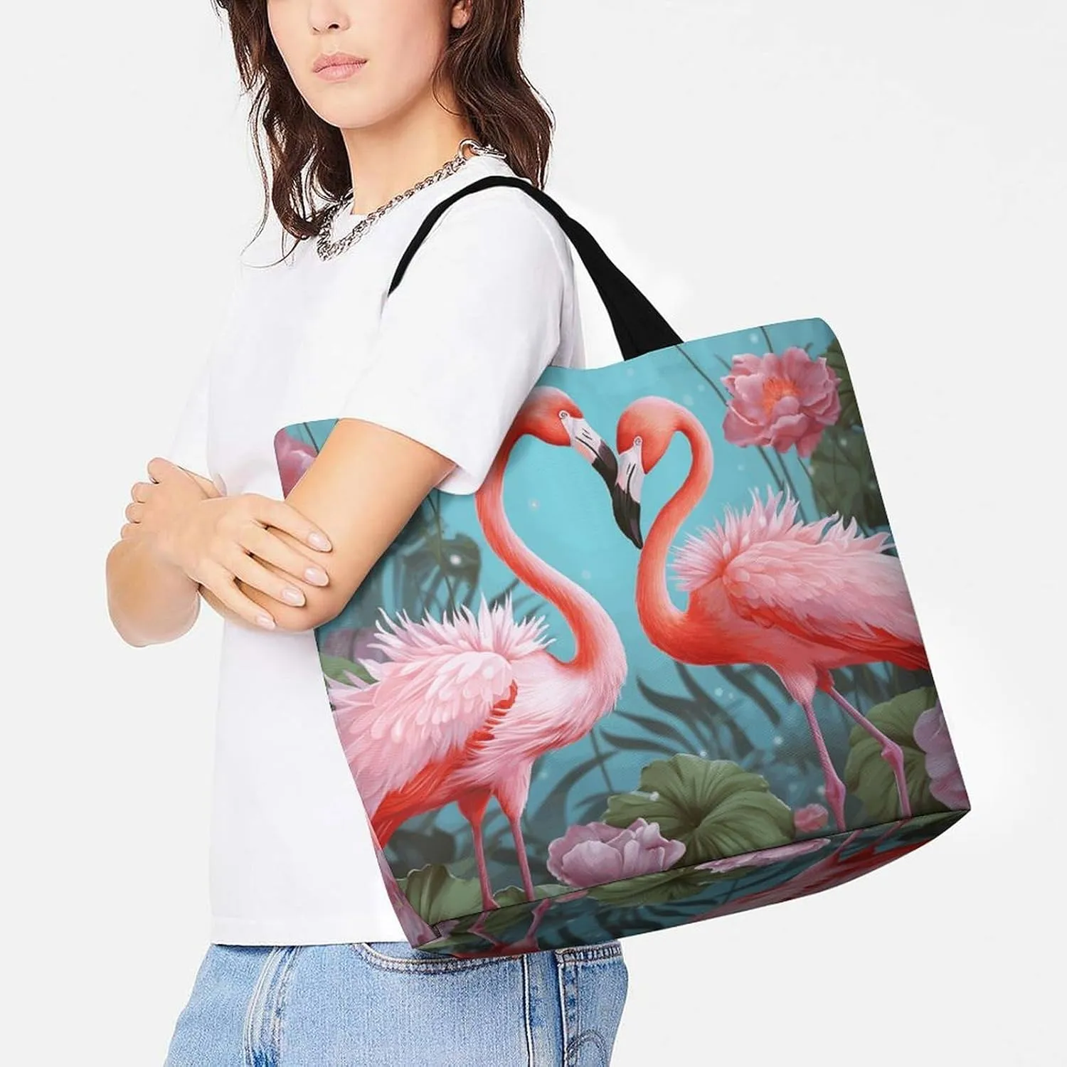 Flamingo Love Flowers Tote Bag for Women Reusable Grocery Shoulder Bag Shopping Bags for Travel, Groceries