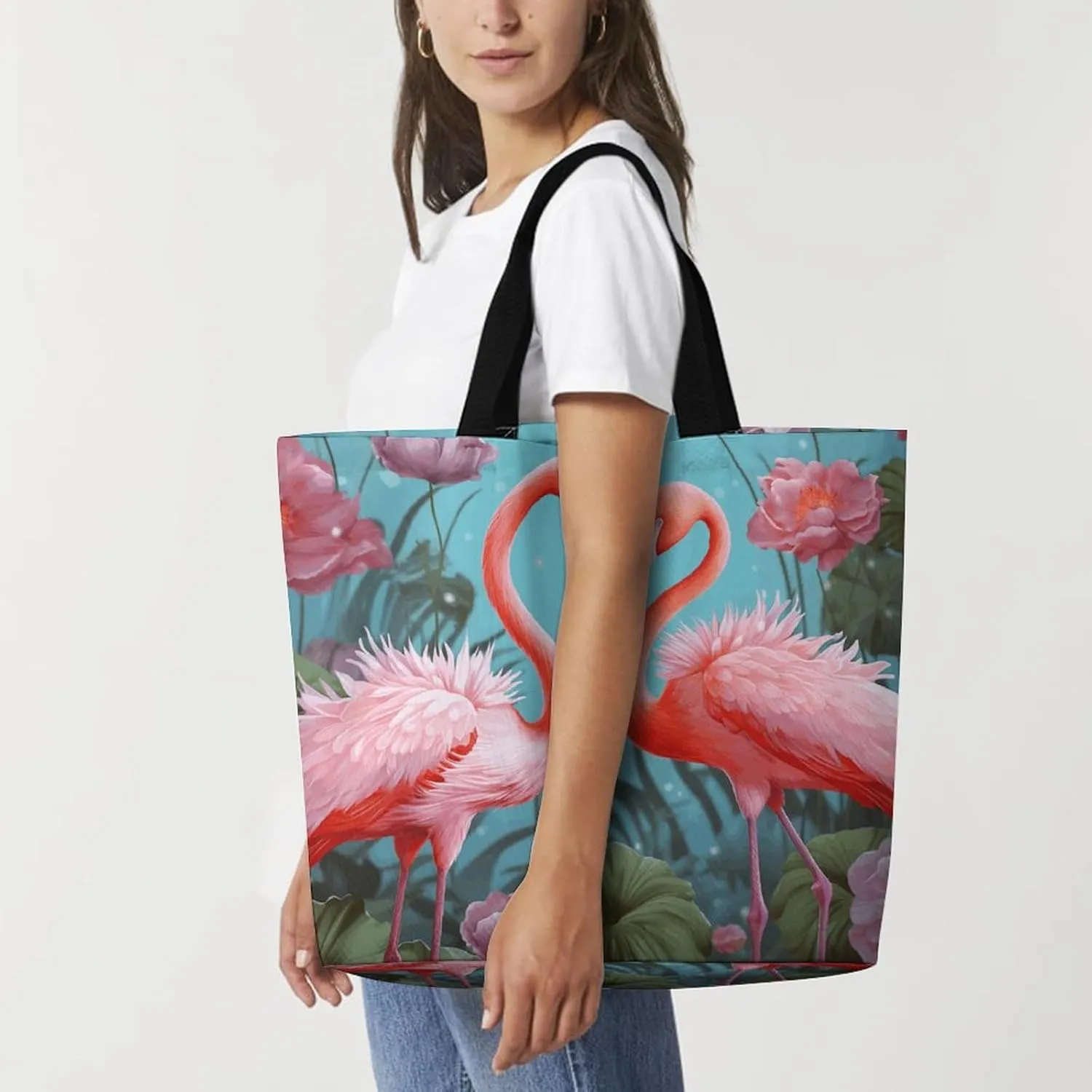 Flamingo Love Flowers Tote Bag for Women Reusable Grocery Shoulder Bag Shopping Bags for Travel, Groceries