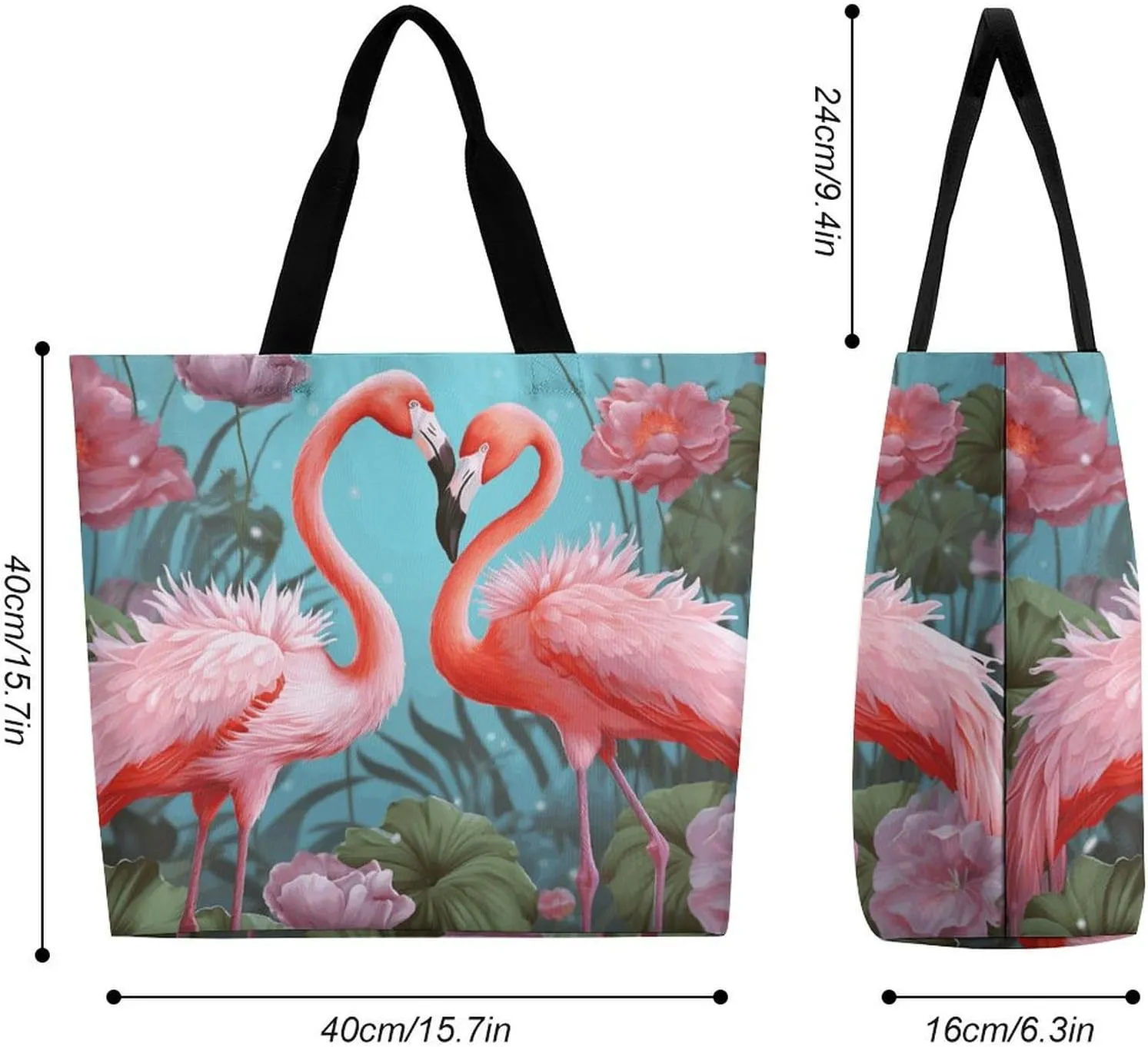 Flamingo Love Flowers Tote Bag for Women Reusable Grocery Shoulder Bag Shopping Bags for Travel, Groceries