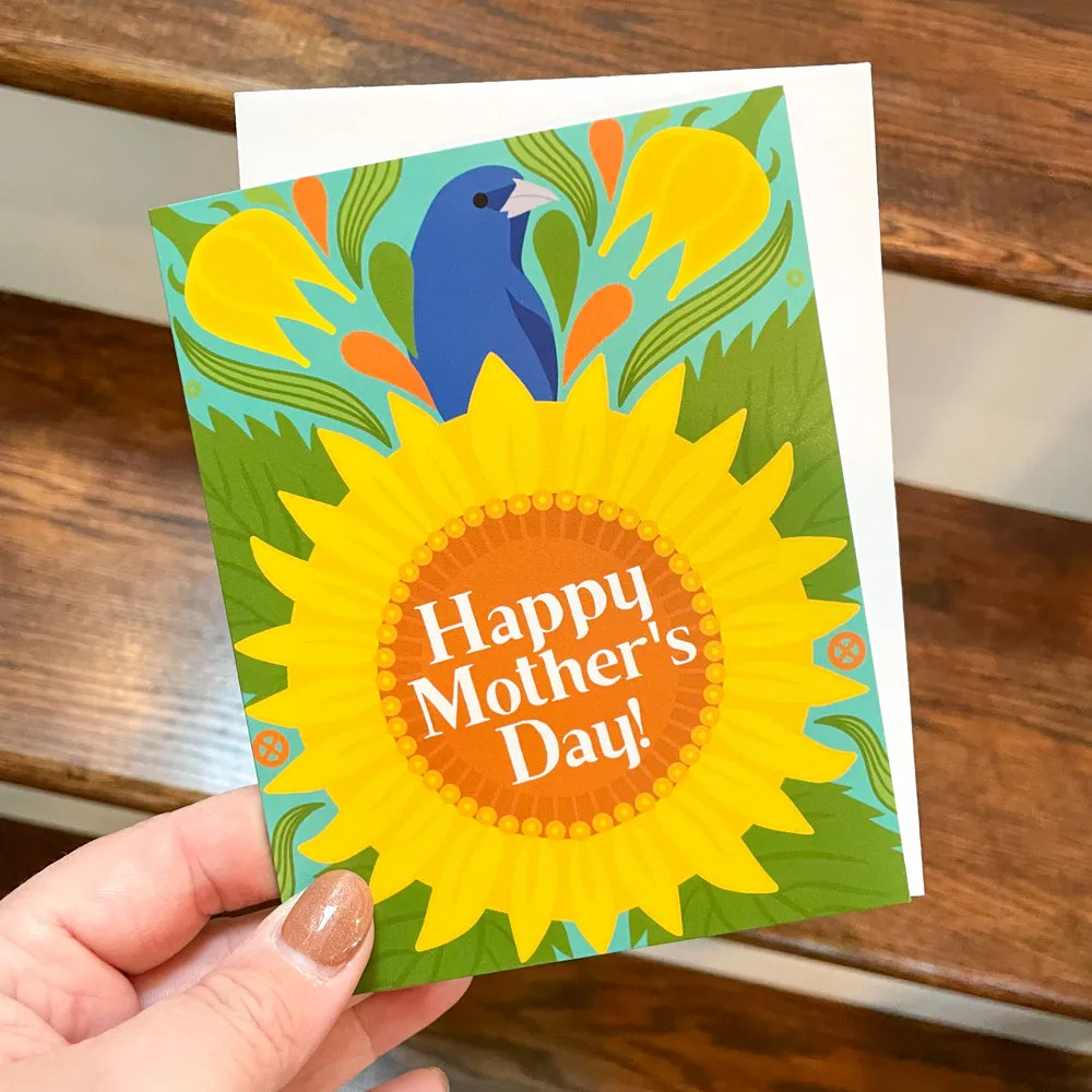 floral Mother's Day card, card for mom who loves birds, sunflower field Mother's Day card, bird mother's day card