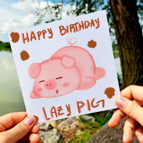 Happy Birthday Lazy Pig Card, Funny Pig Greeting Cards, Humorous Animal Pun, Sleepy Pig Celebration Postcard, Cute and Rude Wishes Gift