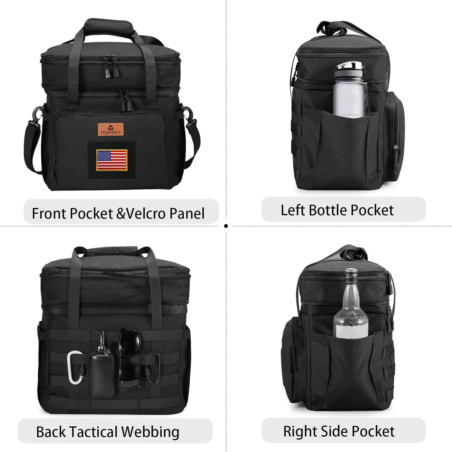 HSHRISH Tactical Lunch Box, Large Expandable Insulated Lunch Bag, Durable Waterproof Leakproof Cooler Bag for Adults/Men/Women/Work Outdoor Beach Trips, 20 Cans/15 L, Black