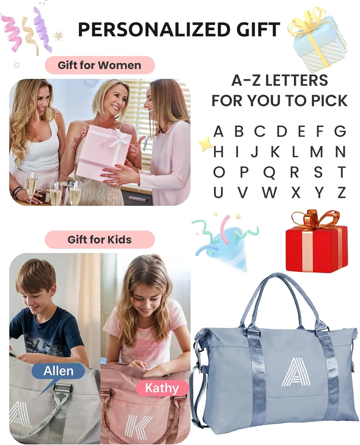 Initial Travel Duffel Bag, Sports Gym Bag, Personalized Weekender Bag with Shoulder Strap, Graduation Gift Monogram Overnight Bag for Women with Trolley Sleeve & Wet Pocket, Jewelblue