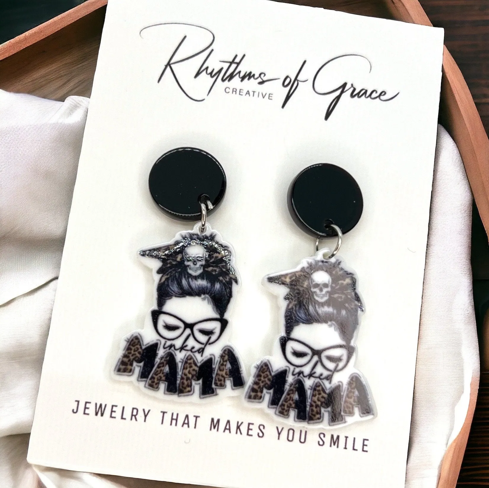 Inked Mama Earrings - Handmade Earrings, Baby Shower, New Mom, Mother’s Day, Mom Earrings, Momma Earrings, Tatted Mom, Messy Bun, Tattoo