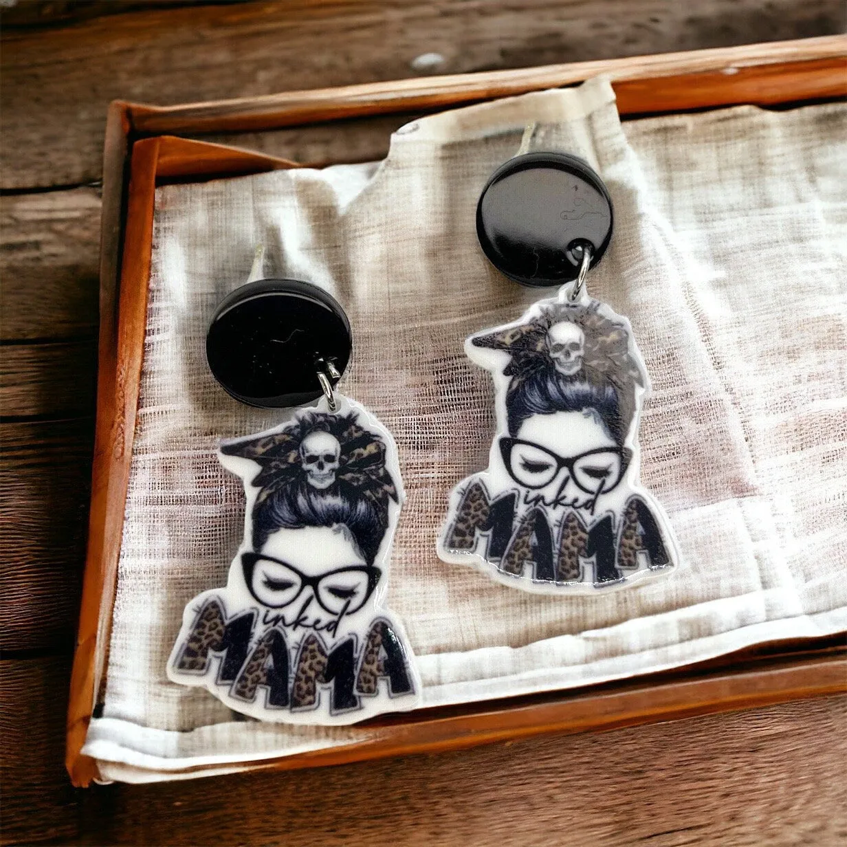 Inked Mama Earrings - Handmade Earrings, Baby Shower, New Mom, Mother’s Day, Mom Earrings, Momma Earrings, Tatted Mom, Messy Bun, Tattoo